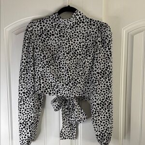 SHEIN Black and White Dalmatian Tie-Back High Neck Blouse